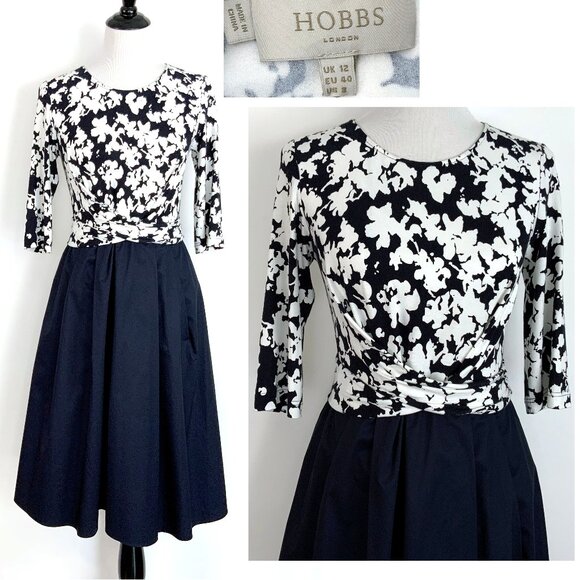 New Hobbs Multicoloured Dress With Floral Details Navy Black/White Sz 8